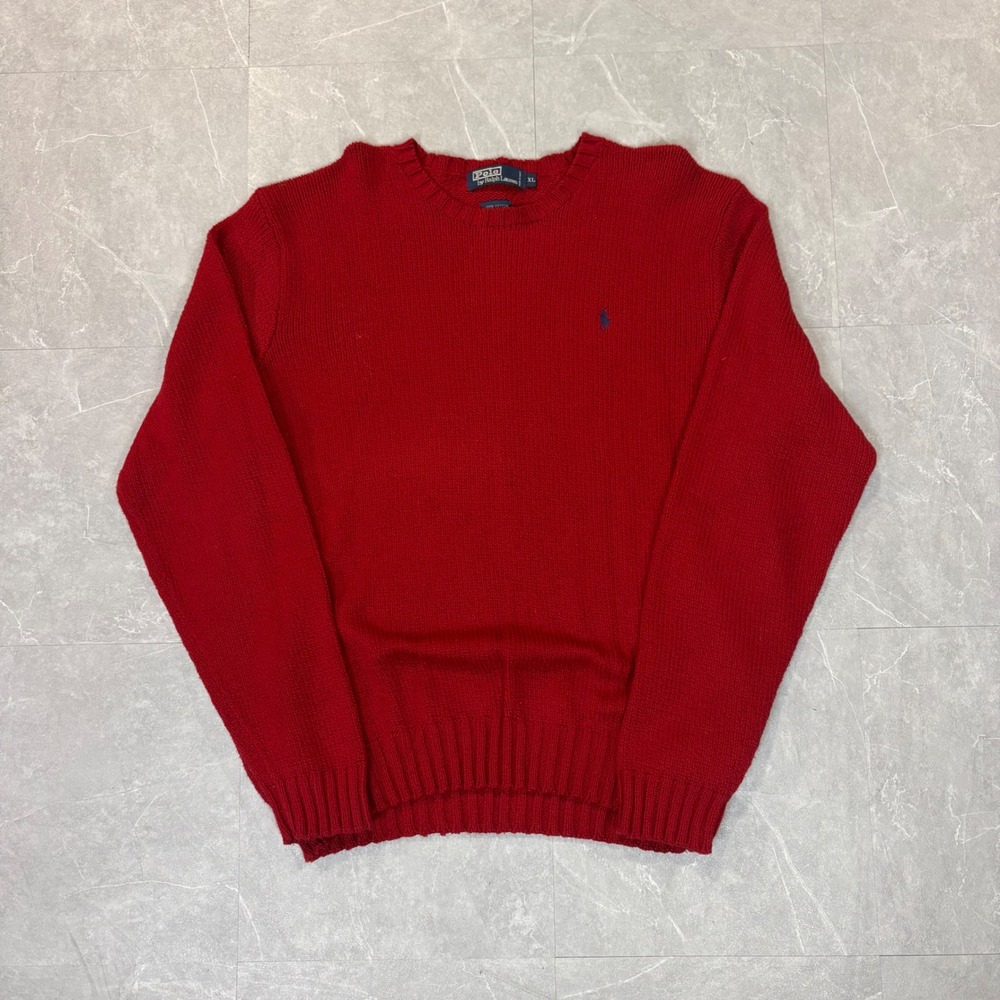 Polo Ralph Lauren Red Cotton Crewneck Sweater Mens XL Blue Pony Logo Ribbed Knit